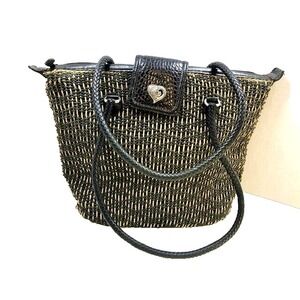 Brighton Women's Woven Black Leather Braided Strap Charm Straw Handbag Purse 14"